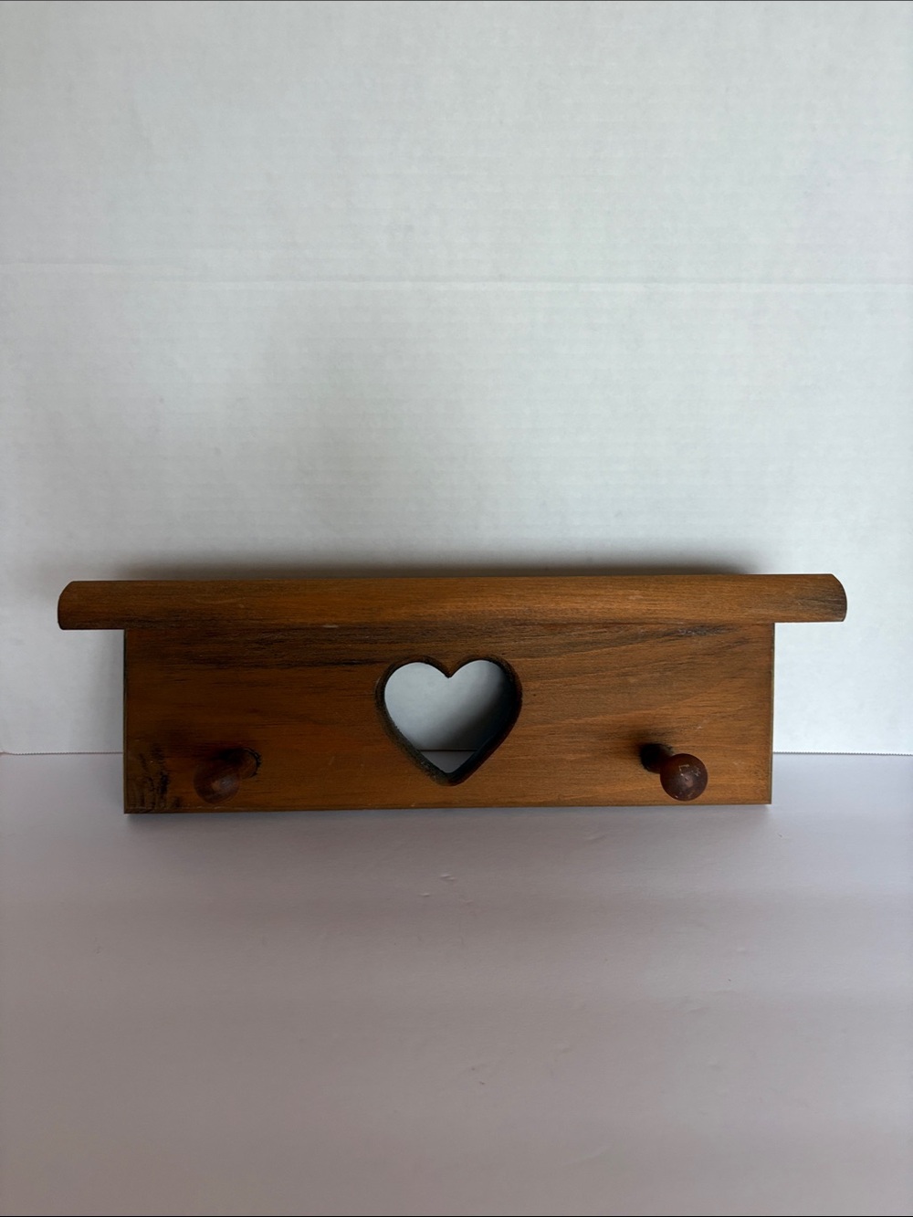 Vintage Brown Wooden Heart Hook Shelf